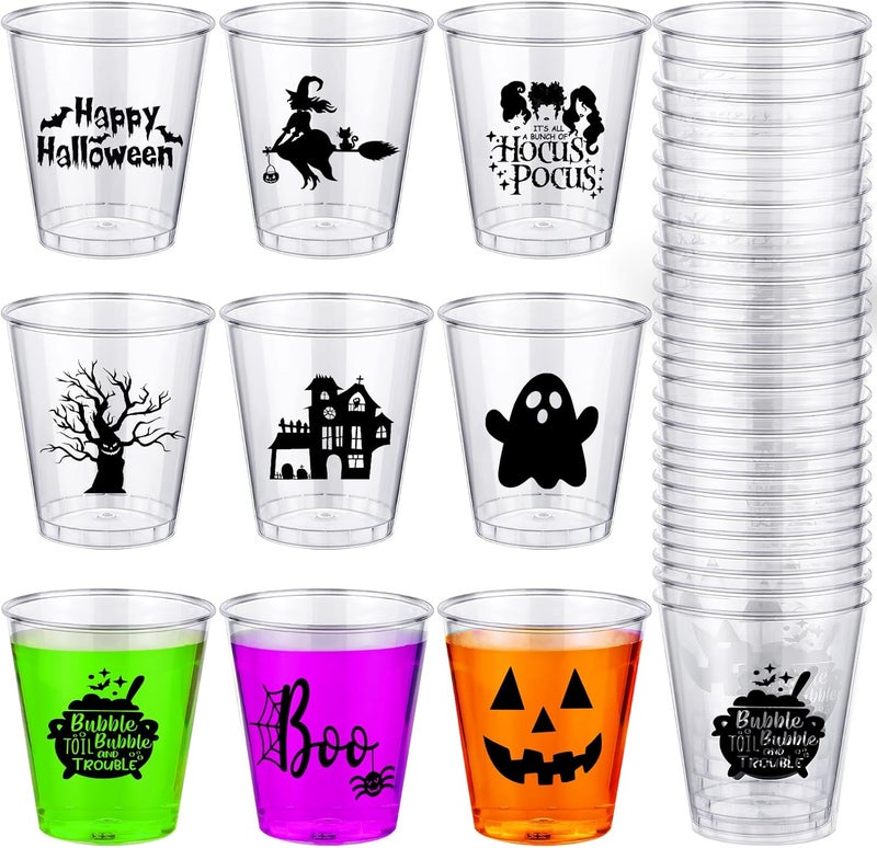 Booson 108 Pcs Disposable Plastic Shot Glasses - 1.69 Oz Clear Pumpkin Witch Whiskey Drinking Cups for Halloween Decoration & Trick or Treat Supplies, 9 Designs - Image 1